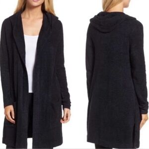 Barefoot Dreams Black Hooded Long Open Cardigan Pockets New Size Small Oversized